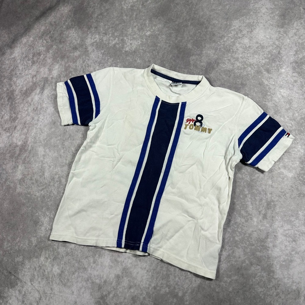 Tommy Hilfiger Kids White Blue Striped T-Shirt Size 6 Retro Back-to-School